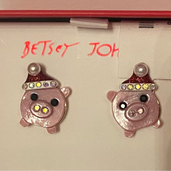 BETSEY JOHNSON NEW EARRINGS GIFT SET BOX 2 PAIR RED CANDY CANE BLING PIGS PINK - Picture 3 of 4